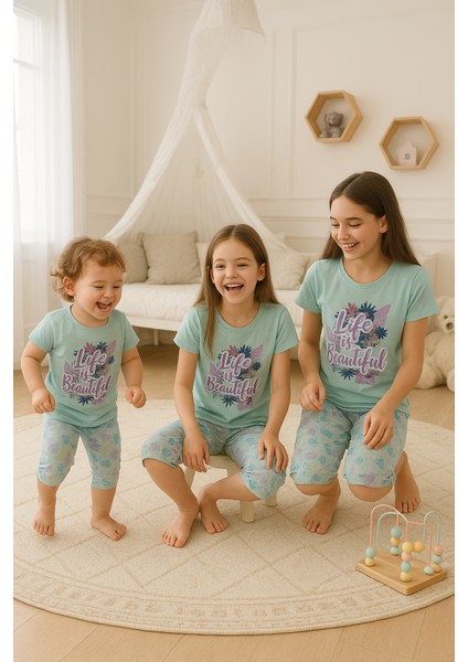 Life Is Beatiful Yazılı Kız Çocuk Pijama Takımı Yeşil ( 1-12 Yaş )
