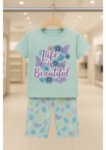 Life Is Beatiful Yazılı Kız Çocuk Pijama Takımı Yeşil ( 1-12 Yaş ) modelleri