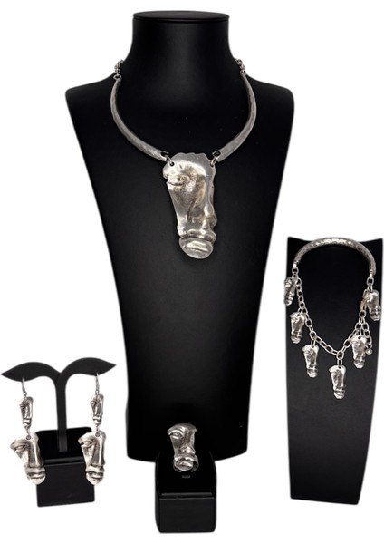 Gümüş Kaplamalı Zamak Set, Yüzler (Kolye, Bileklik, Küpe, Yüzük)