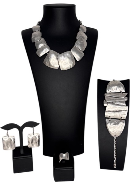 Gümüş Kaplamalı Zamak Set, Geometrik Kareler (Kolye, Bileklik, Küpe, Yüzük)