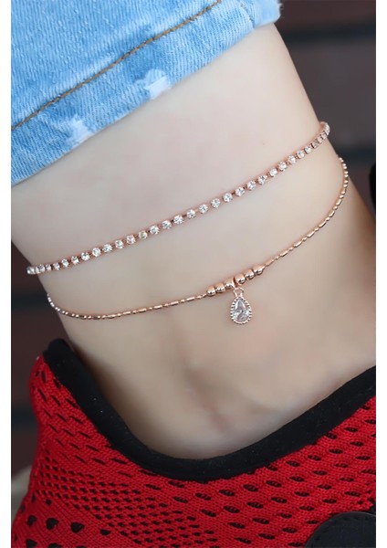 Zirkon Taşlı Rose Renk Kaplama Çift Zincirli Hal Hal - TJ-HH991-KS