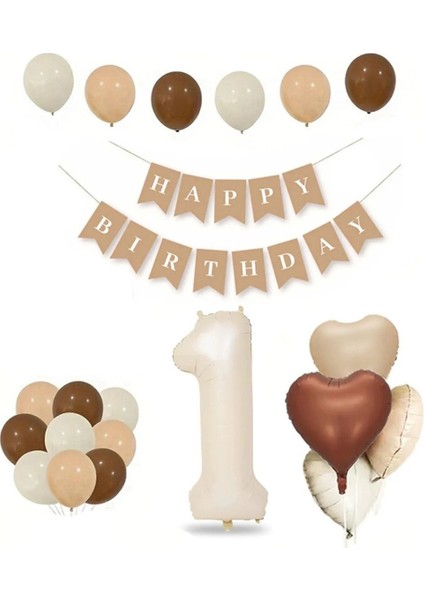 Tüm Yaşlar Retro Doğum Günü Seti Krem Rakam Folyo Banner Kalp Folyo Balon