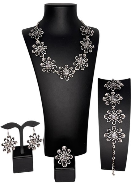Gümüş Kaplamalı Zamak Set, Çiçek (Kolye, Bileklik, Küpe, Yüzük)