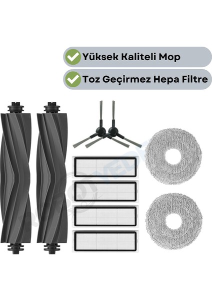 Dreame L10S Pro Gen 2 Uyumlu Yedek Silikon Fırça Hepa Filtre Mop Seti-10 Parça