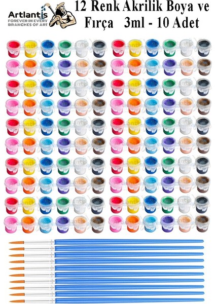 Akrilik Boya 3 ml 12 Renk Resim Fırçası 10 Paket Mini Küçük Akrilik Boya Taş Ahşap Seramik Tuval Alçı Tuval Etkinlik