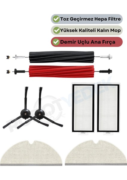 Roborock Q8 Max, Q8 Max Plus Siyah Uyumlu Yedek Fırça Hepa Filtre Mop Seti-7 Parça