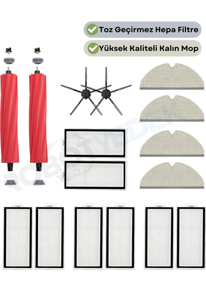 Roborock Q7 Max, Q7 Max Plus Siyah Uyumlu Yedek Fırça Hepa Filtre Mop Seti-16 Parça