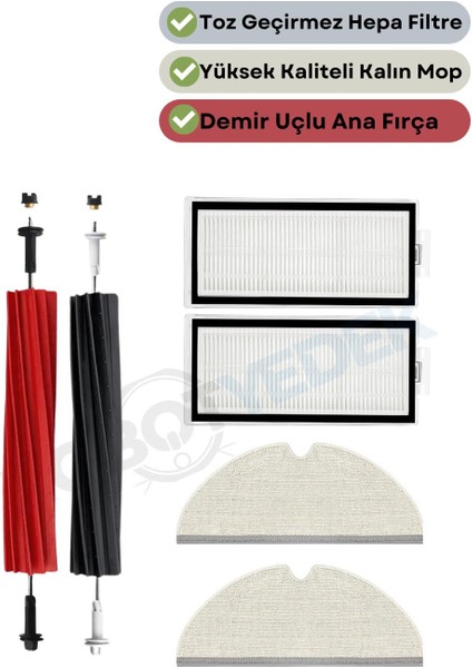 Roborock Q5 Pro, Q5 Pro Plus Uyumlu Yedek Fırça Hepa Filtre Mop Seti-6 Parça