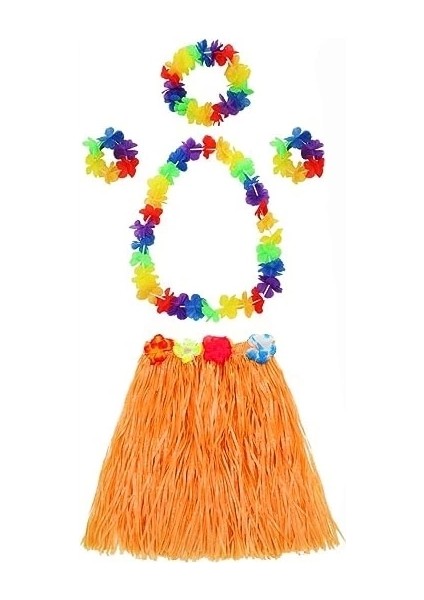 Bfs Yetişkin ve Çocuk Uyumlu Luau Aloha Hawaii Turuncu Etek ve Renkli Kolye Taç 2 Adet Bileklik Seti