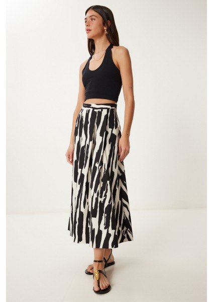 Desenli Poplin Midi Dokuma Etek Siyah Beyaz LCR0079