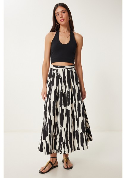 Desenli Poplin Midi Dokuma Etek Siyah Beyaz LCR0079
