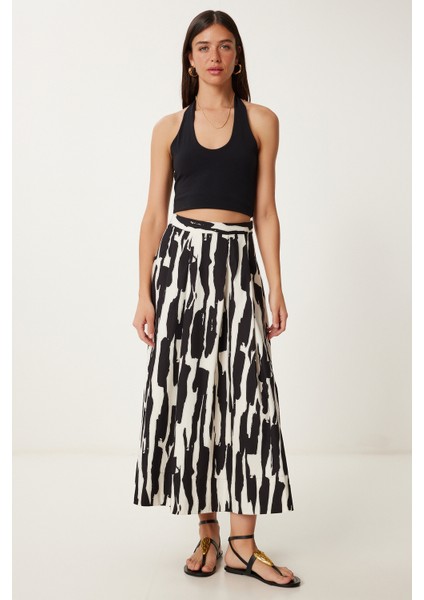 Desenli Poplin Midi Dokuma Etek Siyah Beyaz LCR0079