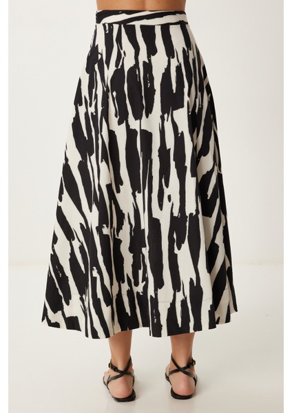 Desenli Poplin Midi Dokuma Etek Siyah Beyaz LCR0079