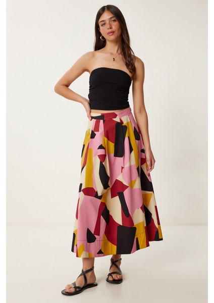 Desenli Poplin Midi Dokuma Etek Pembe Krem LCR0079