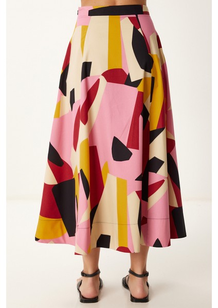 Desenli Poplin Midi Dokuma Etek Pembe Krem LCR0079