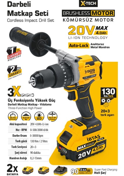 SGS5533 - 130 Nm Tork Akülü Darbeli Matkap Seti 20 Volt - 4 Amper (Kömürsüz Motor)