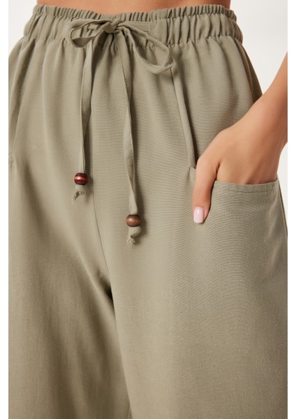 Cepli Geniş Paça Keten Pantolon