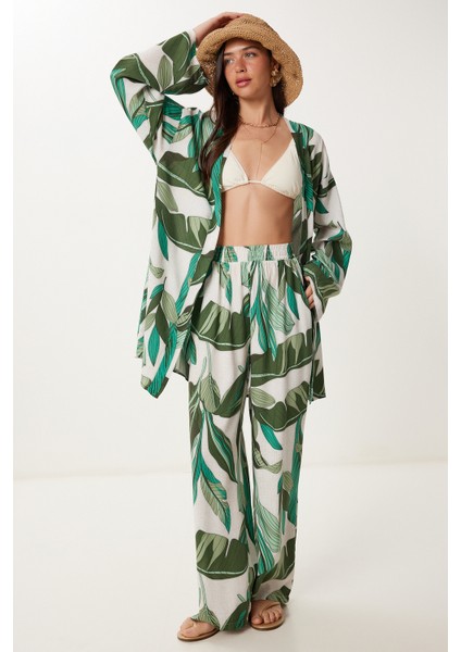 Desenli Yazlık Viskon Kimono Pantolon Takım