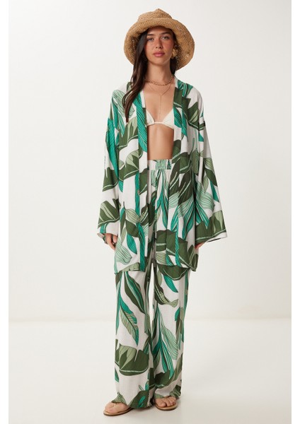 Desenli Yazlık Viskon Kimono Pantolon Takım modelleri