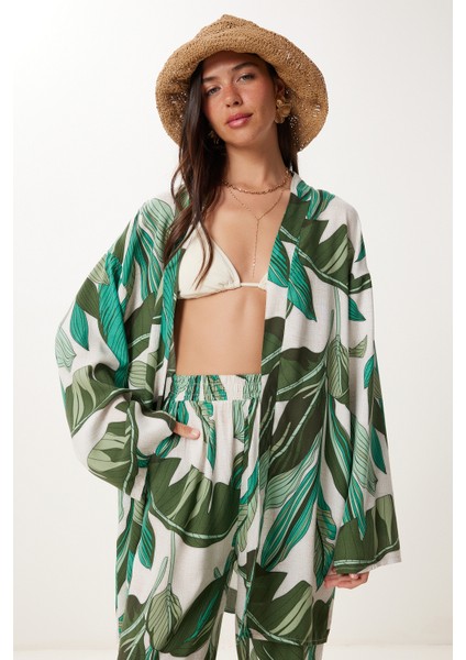 Desenli Yazlık Viskon Kimono Pantolon Takım fırsatları