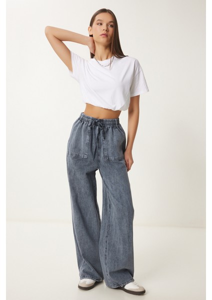 Soluk Efektli Geniş Paça Denim Palazzo Pantolon