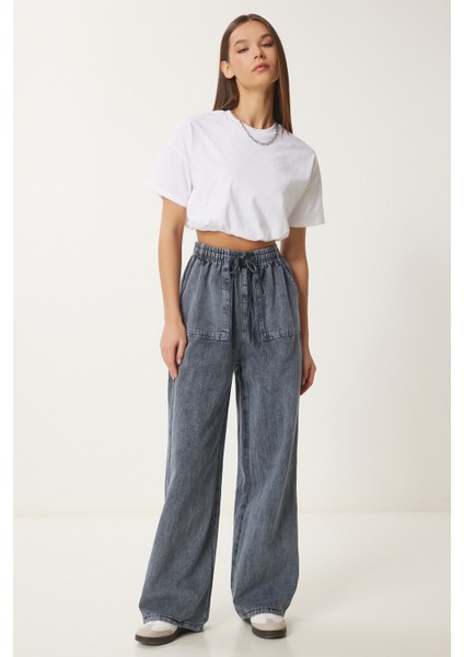 Soluk Efektli Geniş Paça Denim Palazzo Pantolon fiyatları