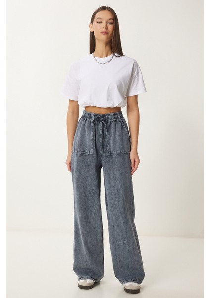 Soluk Efektli Geniş Paça Denim Palazzo Pantolon modelleri