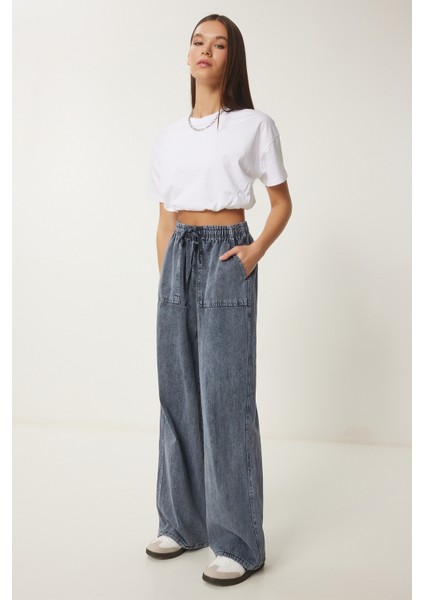 Soluk Efektli Geniş Paça Denim Palazzo Pantolon fırsatları