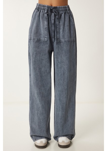 Soluk Efektli Geniş Paça Denim Palazzo Pantolon indirimleri