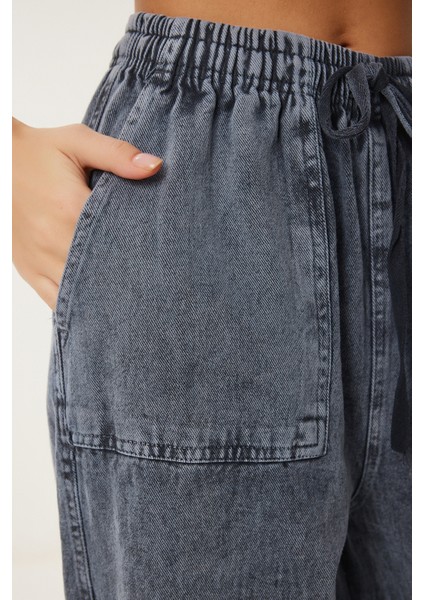 Soluk Efektli Geniş Paça Denim Palazzo Pantolon