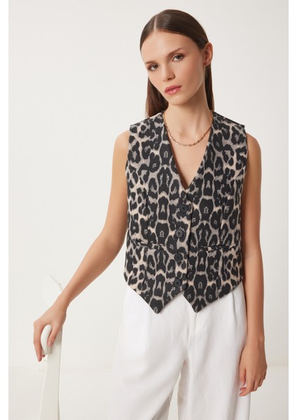 Leopar Desenli Kaşe Yelek
