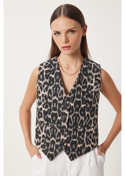 Leopar Desenli Kaşe Yelek