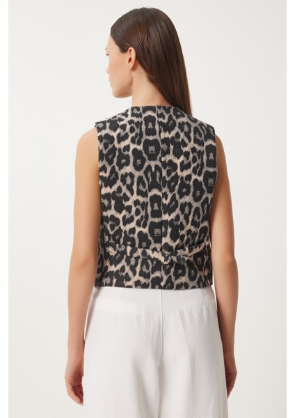 Leopar Desenli Kaşe Yelek