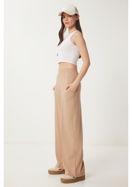 Yüksek Bel Scuba Palazzo Pantolon LBF0011 KOYU BEJ