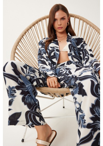 Desenli Yazlık Viskon Kimono Pantolon Takım