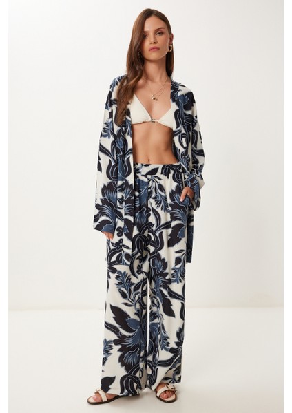 Desenli Yazlık Viskon Kimono Pantolon Takım modelleri