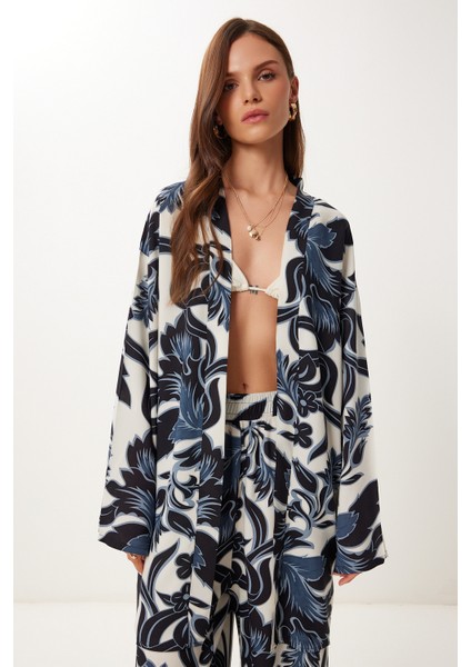 Desenli Yazlık Viskon Kimono Pantolon Takım fırsatları