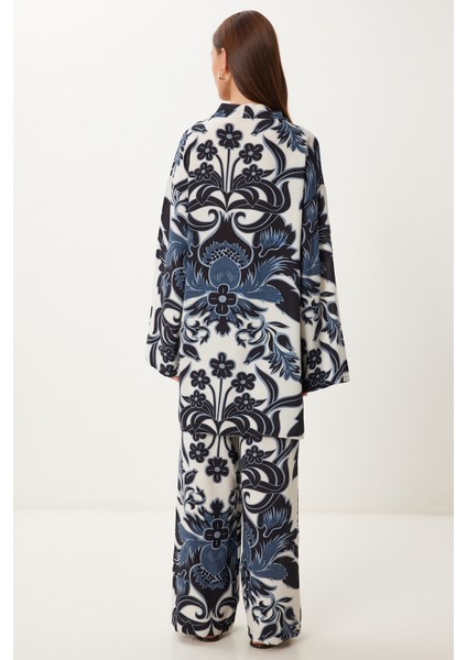 Desenli Yazlık Viskon Kimono Pantolon Takım