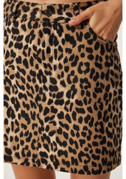 Leopar Desenli Mini Denim Etek indirimleri