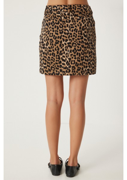 Leopar Desenli Mini Denim Etek