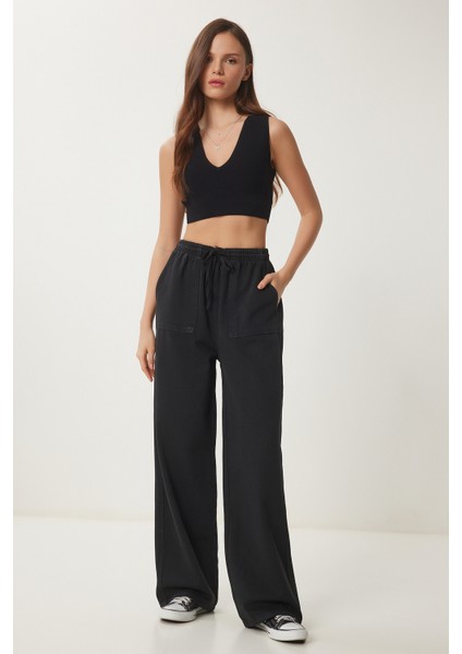 Soluk Efektli Geniş Paça Denim Palazzo Pantolon