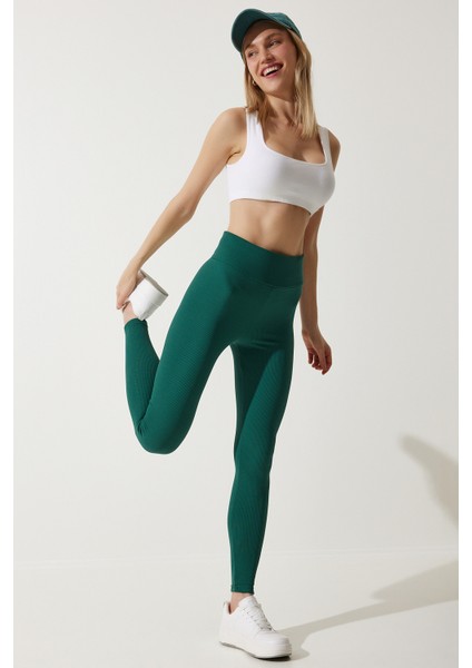 Yüksek Bel Fitilli Örme Tayt LZV0001 YEŞİL