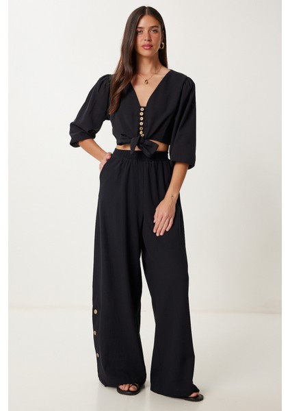 Keten Crop Bluz Pantolon Takım modelleri