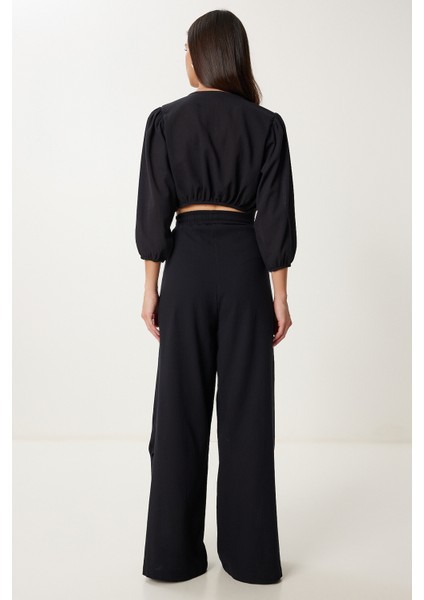 Keten Crop Bluz Pantolon Takım
