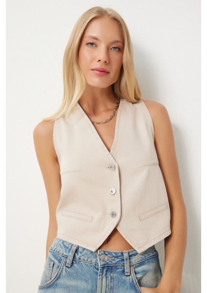 V Yaka Crop Denim Yelek