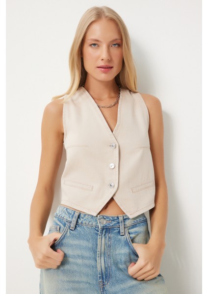V Yaka Crop Denim Yelek