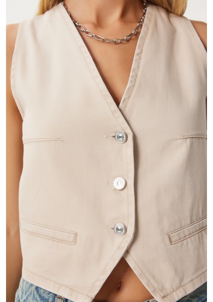 V Yaka Crop Denim Yelek