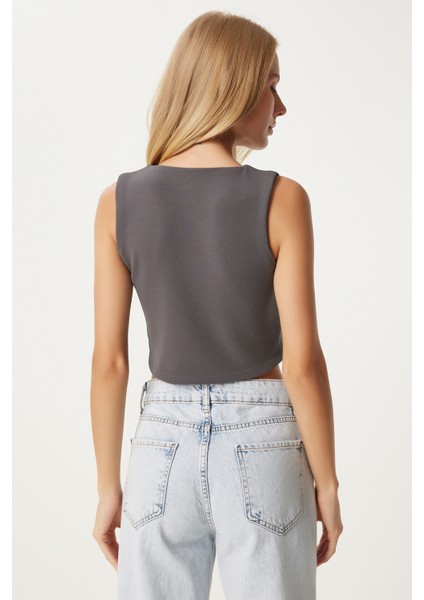 V Yaka Likralı Crop Örme Yelek