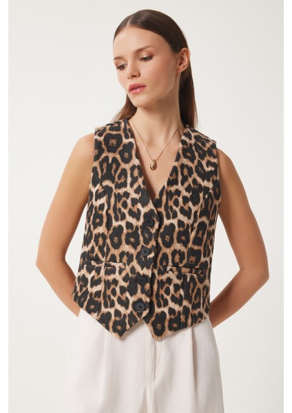 Leopar Desenli Kaşe Yelek