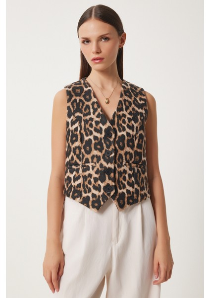 Leopar Desenli Kaşe Yelek